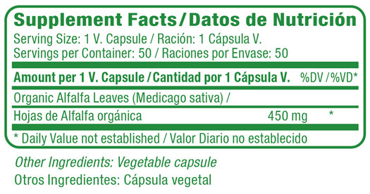 Organic Alfalfa Supplement Facts